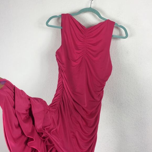 Tularosa Hot Pink Ruched Stretch Ruffle Hem Barbiecore Mini Dress Small - Picture 7 of 10